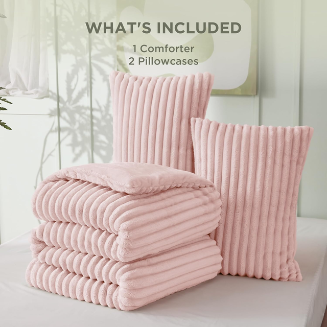Solid Color Strip Flannel Comforter Set Super Soft Faux Fur Bed Set Warm Plush Fleece Winter Bedding 3 Pieces