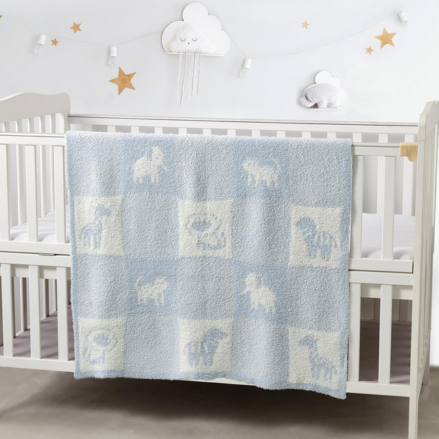 Cozy Soft Warm Knitted Baby Blanket for Girls Boys, Newborn Essentials for Infant, Baby Shower Receiving Gift - Animal Blue