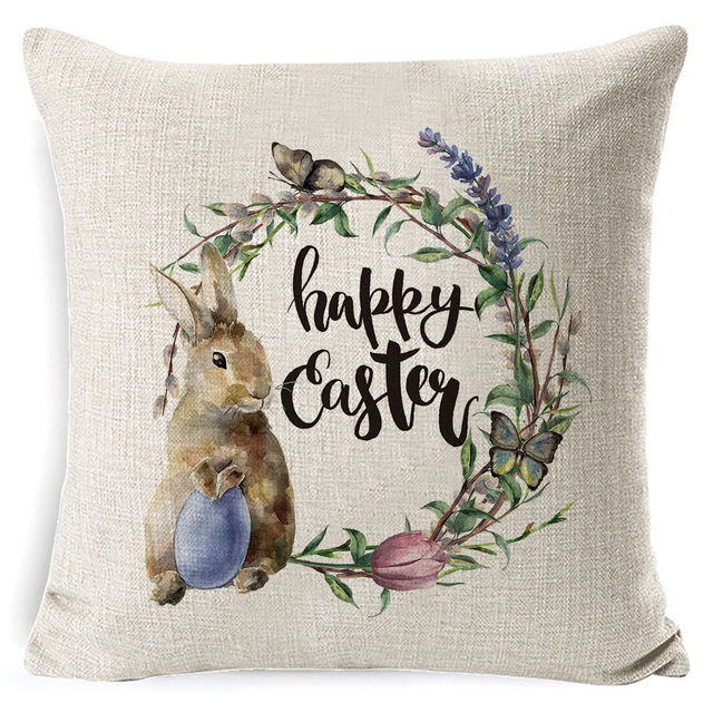 Happy Easter Throw Pillow Cover 18" X 18" Linen Cushion Covers Rabbit Easter Eggs Spring Greetings Happy Easter Pillowcase for Living Room Decoration 