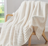 Bedding Fleece Throw Blanket for Couch - 300GSM Soft & Warm Fluffy Cream White Blanket, Decorative and Giftable Striped Blankets for Home