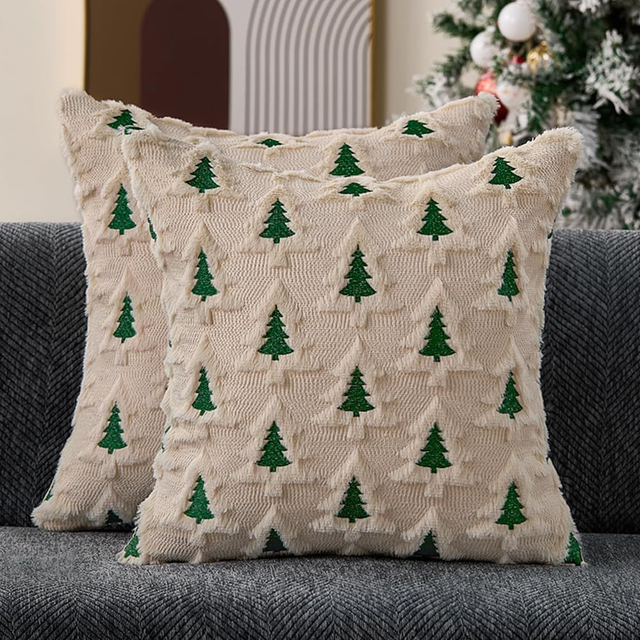 Merry Christmas Pillow Covers 18x18 inch Plush Faux Fur Jacquard Throw Pillows for Bedroom Sofa Holiday Festivals Winter Home Decor