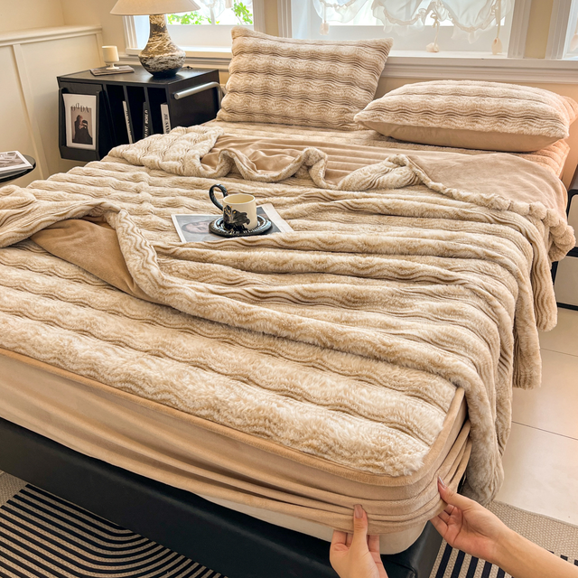 Printed Fitted Sheet Bed Sheets with Deep Pocket, Faux Rabbit Fur Blanket Mattress Protector 48x74CM Pillow Cases 