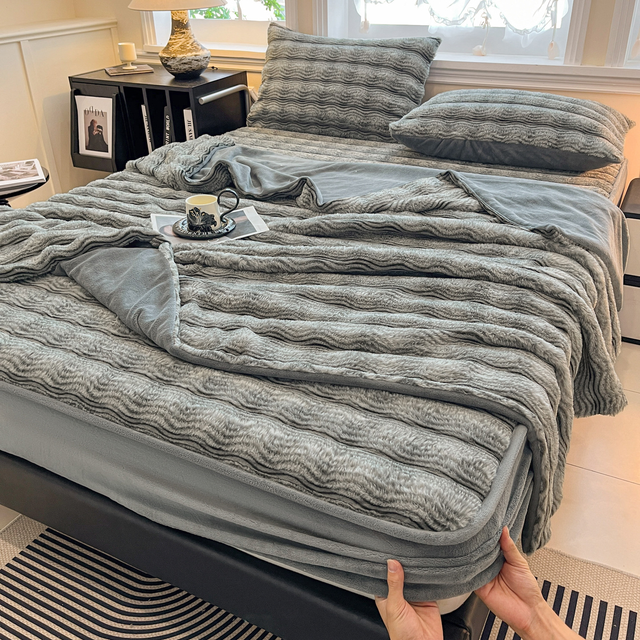 Faux Rabbit Fur Bed Cover with Matching Pillow Cases Soft Warm Bed Sheets for Bed Sofa Bedroom Living Room Home Decor