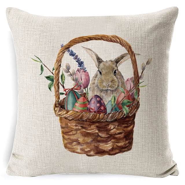 Rabbit Easter Pillow Happy Easter Rabbit Bunny Eggs Home Decro Throw Pillow Case Cushion Cover 18" X 18" Spring Pillow