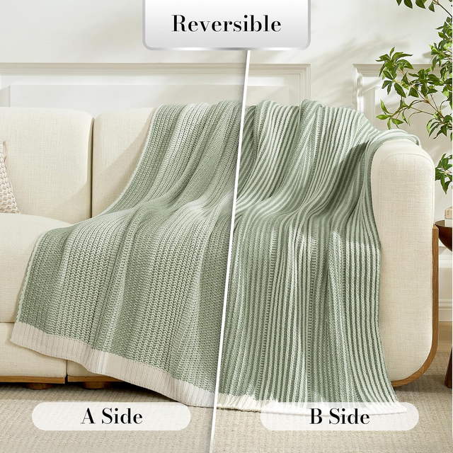 Premium Chenille Throw Blanket, Soft Cozy Luxury Two-Tone Knit Blanket for Couch, Sofa, Chair, Home Decor, Sage Green & Ivory 50"x60"