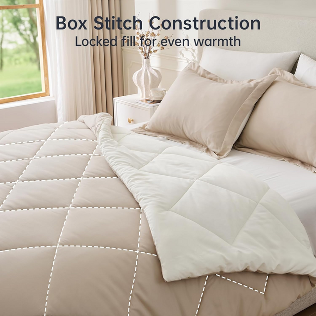 King Size Comforter Set, Soft Reversible Bedding for All Seasons, 3 Pieces Down Alternative Bed Set Includes 1 Lightweight Comforter (104"x90") and 2 Pillow Shams (20"x36"), Beige & Ivory