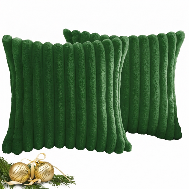 Christmas Dark Green Faux Fur Plush Lumbar Throw Pillow Covers 12x20 Set of 2 Fuzzy Striped Soft Cozy Pillowcase Luxury Decorative Pillows Fluffy Rectangle Cushion Cover Couch Bed