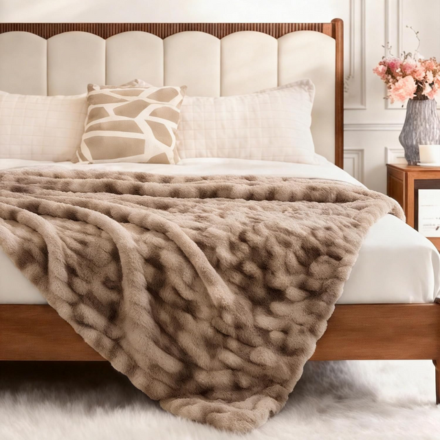 Ultra Soft Luxury Faux Fur Throw Blanket for Couch, Fuzzy Fluffy Plush Warm Cozy Ruched Blanket for Sofa Bedroom Living Room, Elegant Gift Idea for Women (50"x60",Tie-dye Coffee)