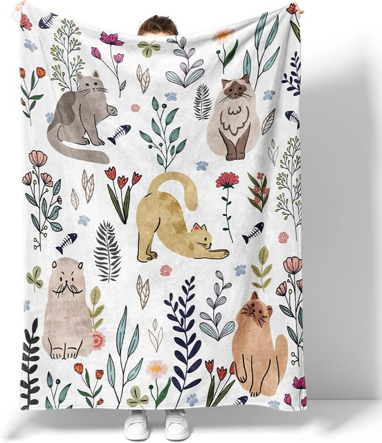 Cat Throw Blanket Floral Flower Blankets Gift for Cat Lover Throw Blanket Cats Themed Flannel Cozy Fuzzy Plush Blankets for Bed Chair Couch