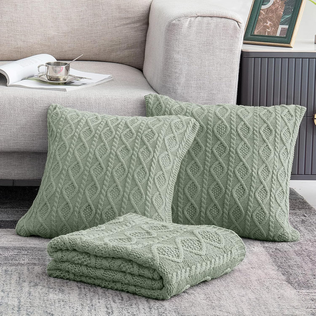 Cable Knit Throw Blanket and Pillow Set, Sage Green Set of 3, Knitted Throw (50"x60") & 2 Pillow Covers (18"x18"), Soft & Cozy Decorative for Couch Bed Sofa