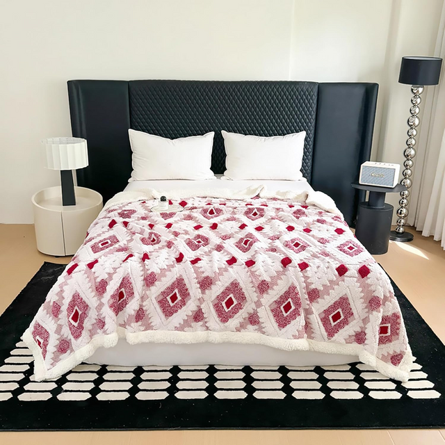  Boho Sherpa Fleece Blanket 80'' × 90'', Ultra Soft Aztec Queen Blankets for All Season, Cozy, Plush, Bohemian Throw Blanket for Bed/Couch/Sofa/Office/Camping, Rose Red