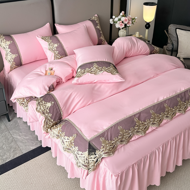 Satin Lace Embroidery Comforter Set with 2 Pillowcases 48x74cm Fitted Bed Skirts Duvet Cover Satin Polyester Ruffle Bed Cover 200x230cm Double Bed Ruffle Skirt 3pcs Bedding Set 