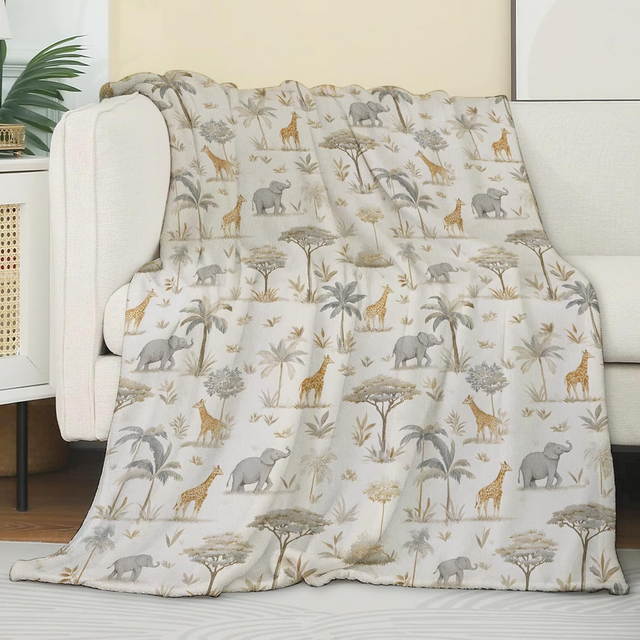 Retro Elephant Blanket,Tropical Tree and Wildlife Flannel Throw for Kids,Boys,Girls,Animal Lovers as Gifts,Cozy Soft Blankets for Bedroom,Office,Camping,Picnic,Decorative Throws
