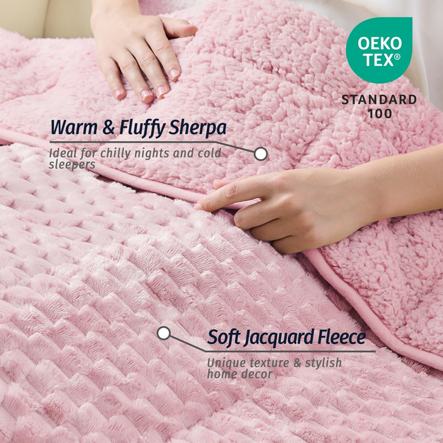 Fleece Weighted Blanket for Adults (60" x 80" 15lbs, Pink), Dual Sided Cozy Soft Sherpa Heavy Blanket, 3D Imitation Turtle Shell Warm Jacquard Flannel Weighted Blankets for Couch and Bed