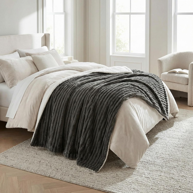 Faux Fur Throw Blanket - 60x70-Inch Twin Blanket for Couch, Bed, or Chair - Soft Throw with Plush Faux Rabbit Fur and Warm Sherpa for Living Room, Bedroom, and Home Decor (Gray)