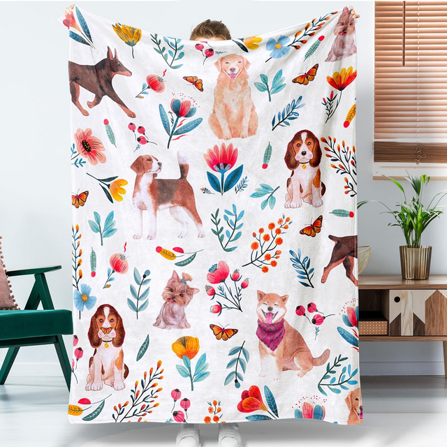 Dog Floral Flower Throw Blanket Gift for Dog Lover Blanket Dogs Themed Flannel Fleece Cozy Fuzzy Plush Throw Blankets for Home