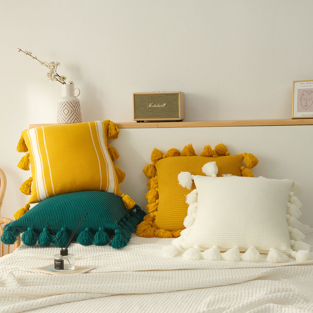 Decorative Tassel Throw Pillow Cushion Cover – Soft Textured Pom Pom Sofa Pillow for Living Room Home Decor-yellow