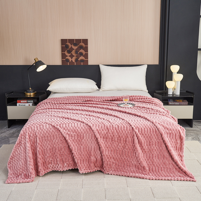 Soft Polyester Blanket Solid Color Flannel Fleece Blanket Bed Cover Warm Fleece Throw Blankets Bedspread Super Soft 3D Striped Jacquard Bed Blanket for Couch Office Sofa 