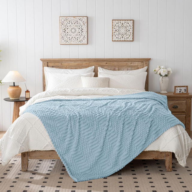 Solid Jacquard Shu Velveteen Blanket-Blue Throw Blanket - Soft & Fluffy Fleece, Cute & Aesthetic, Perfect for Sofa, Couch, Chair, Bed, Living Room & Bedroom, All-Season Use, Plush & Cozy Decorative Bl