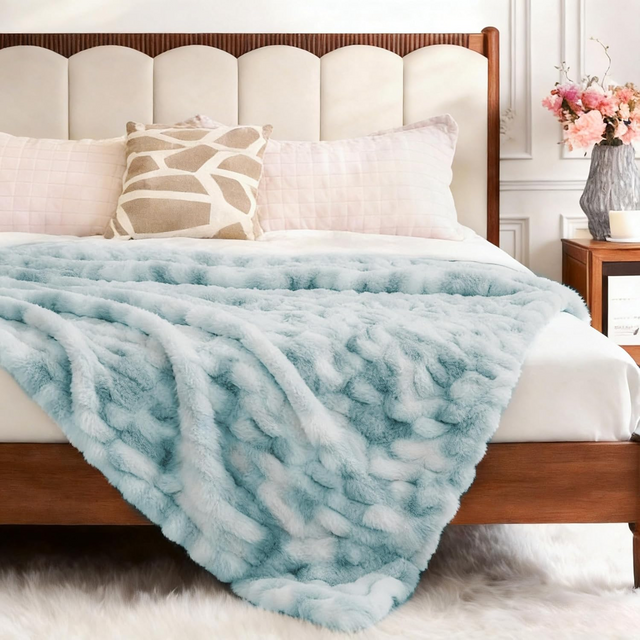 Ultra Soft Luxury Faux Fur Throw Blanket for Couch, Fuzzy Fluffy Plush Warm Cozy Ruched Blanket for Sofa Bedroom Living Room, Elegant Gift Idea for Women (50"x60",Tie-dye Freshwater Blue)
