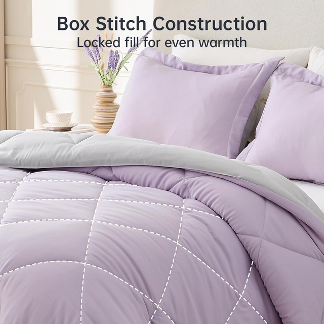 King Size Comforter Set, Ultra Soft Reversible Bedding for All Seasons, 3 Pieces Down Alternative Bed Set Includes 1 Lightweight Comforter and 2 Pillow Shams, Lavender/Light Grey