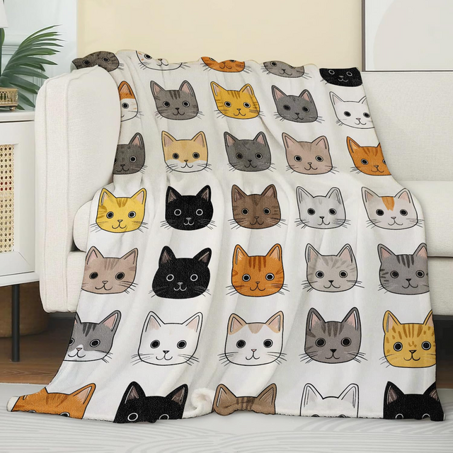 Cute Cat Blanket,Colorful Kitten Head Pattern Flannel Throw for Kids,Women,Pet Lovers as Gifts,Cozy Soft Blankets for Couch,Bed,Office,Camping,Picnic,Decorative Throws