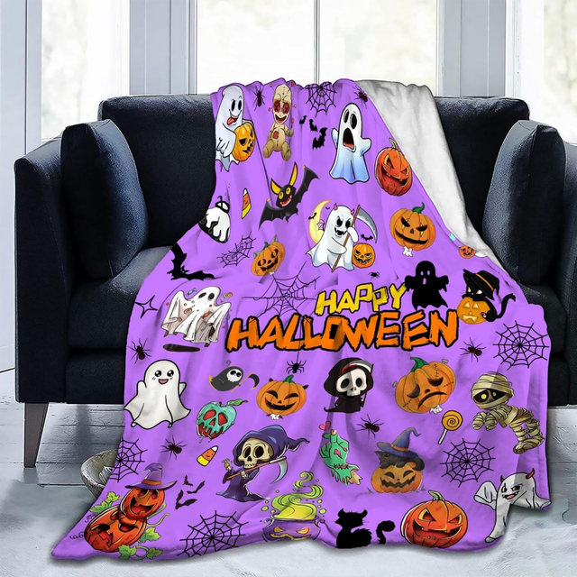 Halloween Printed Flannel Blanket Soft Flannel Ghost Blanket, Cozy Plush for Couch, Sofa & Bed, Fall Winter Decor, for Kids & Adults