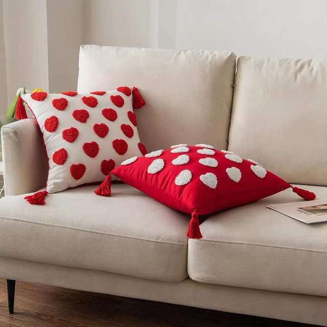 Decorative Tassel Throw Pillow Cushion Cover – Soft Textured Pom Pom Sofa Pillow for Living Room Home Decor-red