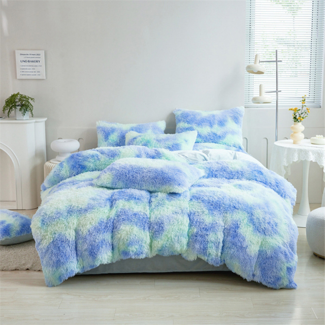 Super Soft Mink Velvet 3pcs 4pcs Bedding Set Long Plush Blanket Duvet Cover Tie Dye Blue Fuzzy Comforter Cover Set Plush Duvet Cover Bedding Sets King Size 3 Pieces with Matching Pillow Cases